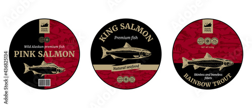 Vector fish round labels. Salmon and trout fish illustrations