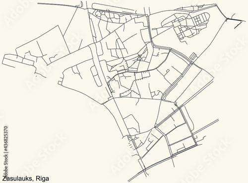 Black simple detailed street roads map on vintage beige background of the quarter Zasulauks neighbourhood of Riga, Latvia
