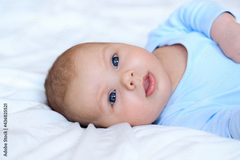 Close-up Portrait of a beautiful Baby on white. Head and Face. Newborn Baby lying on its side and looks into the Camera. Motherhood, health, pediatrics concept. Cute adorable Infant. Close-up Portrait of a beautiful Baby on white. Head and Face. Newborn Baby lying on its side and looks into the Camera. Motherhood, health, pediatrics concept. Cute adorable Infant.