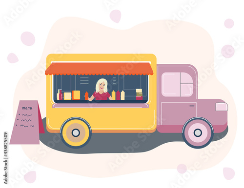 Street food market, festival. Fast food truck. Flat illustration. Girl with face mask, virus protection, outdoor restaurant