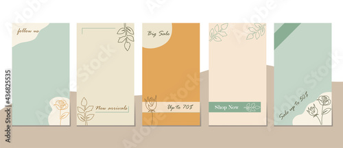 Editable social media frames, Stories template. Layout for business story: new arrival, new collection, sale, shop now, follow us. For fashion shops, brand. Set of 5