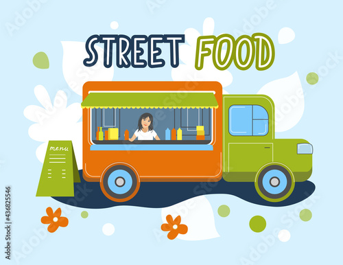 Street food market, festival. Fast food truck. Flat illustration. Girl with face mask, virus protection, outdoor restaurant