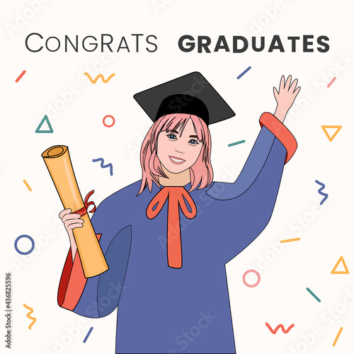 Congrats graduates. Graduate woman with graduation gown and hat on yellow background. Colorful design. Vector flat illustration, cartoon style.