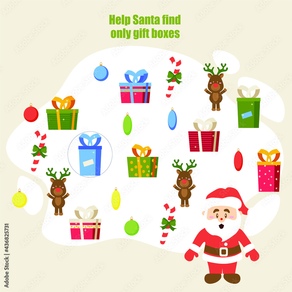 Christmas maze. Help Santa find only gift boxes. Kids mini game for development. Christmas maze. Help Santa find only gift boxes. Kids mini game for development.