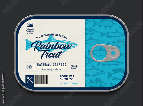 Canned rainbow trout label template, vector fish tin can with label cover, packaging design concept