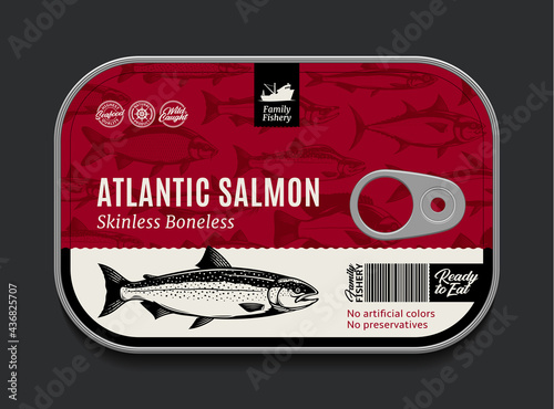 Canned Atlantic salmon label template, vector fish tin can with label cover, packaging design concept