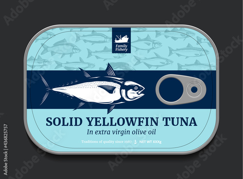 Canned tuna label template, vector fish tin can with label cover, packaging design concept