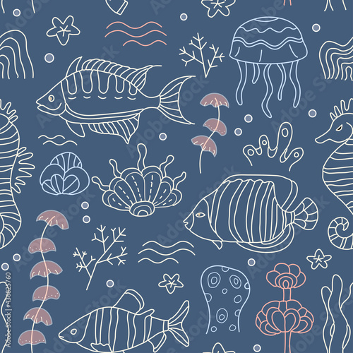 Seamless marine pattern with corals and fish. Trendy design for wallpaper, textile design, packing, fabric. Modern vibrant background. © Christina