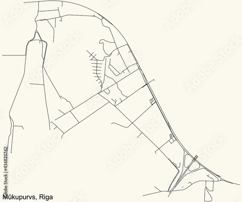 Black simple detailed street roads map on vintage beige background of the quarter Mūkupurvs neighbourhood of Riga, Latvia