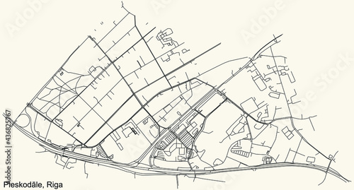 Black simple detailed street roads map on vintage beige background of the quarter Pleskodāle neighbourhood of Riga, Latvia