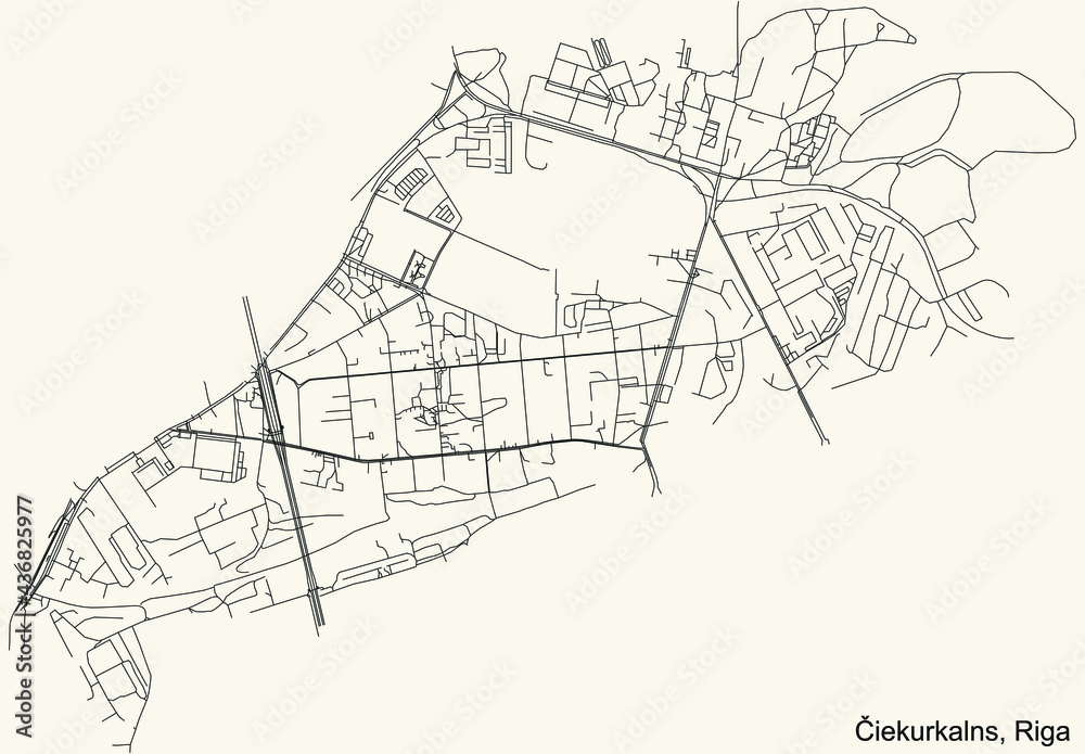 Black simple detailed street roads map on vintage beige background of the quarter Čiekurkalns neighbourhood of Riga, Latvia