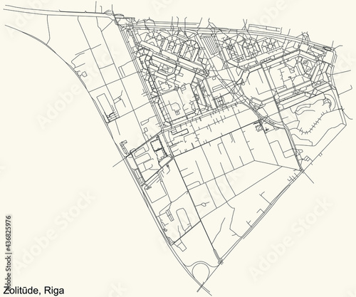 Black simple detailed street roads map on vintage beige background of the quarter Zolitūde neighbourhood of Riga, Latvia