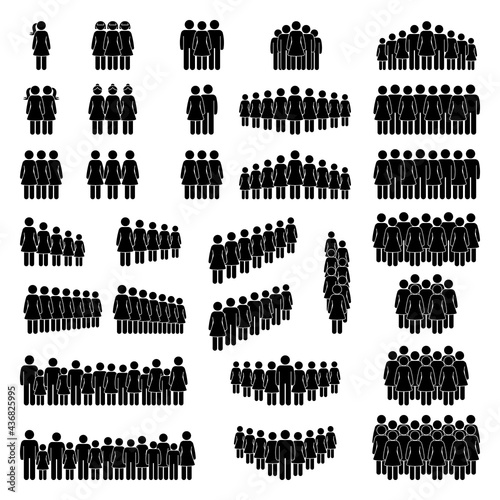 Group of stick figure people women standing, waiting in line, queue, row vector icon illustration set. Stickman girl lady female crowd human community pictogram silhouette on white background