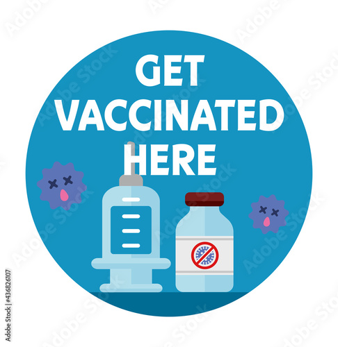 “Covid-19 (coronavirus) vaccine available here” logo mark illustration