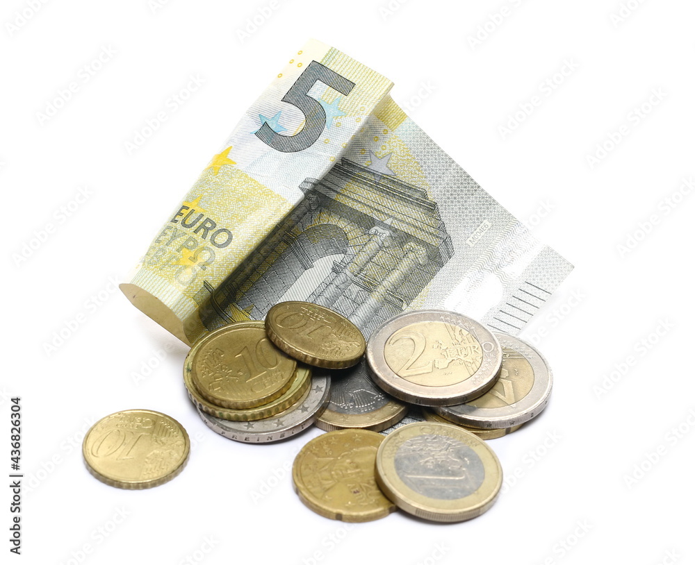 Five euro note with metal coins, cents, cash money isolated on white background Five euro note with metal coins, cents, cash money isolated on white background