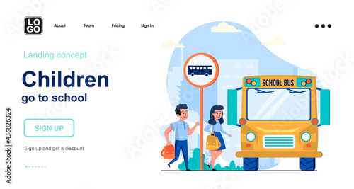 Children go to school web concept. Pupils boy and girl rush to school bus. Students go to lessons. Template of people scenes. Vector illustration with character activities in flat design for website