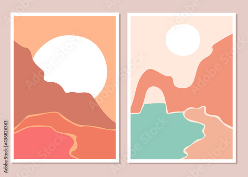 Abstract contemporary aesthetic backgrounds seascapes set with Sun, sunset, sea, mountains. Earth tones, pastel colors. Boho wall decor. Mid century modern minimalist art print. Flat abstract design.