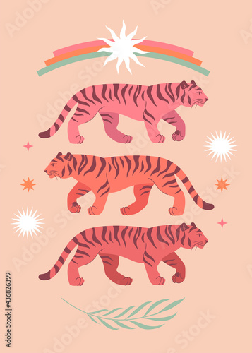 Cute Tigers, Sun, palm tree, stars, Sun. Modern abstract art. Boho style. Mid Century print. Cosmic minimalistic scene. Protect wild animals poster. Magic concept. Vintage inspired art 