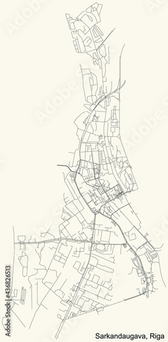 Black simple detailed street roads map on vintage beige background of the quarter Sarkandaugava neighbourhood of Riga, Latvia
