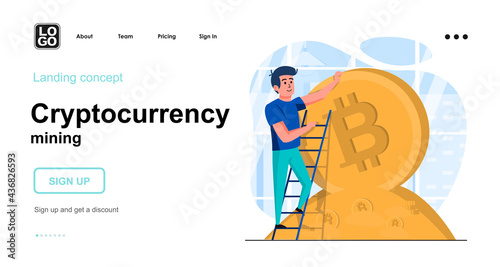 Cryptocurrency mining web concept. Businessman next to huge coin, financial success, profit growth. Template of people scenes. Vector illustration with character activities in flat design for website