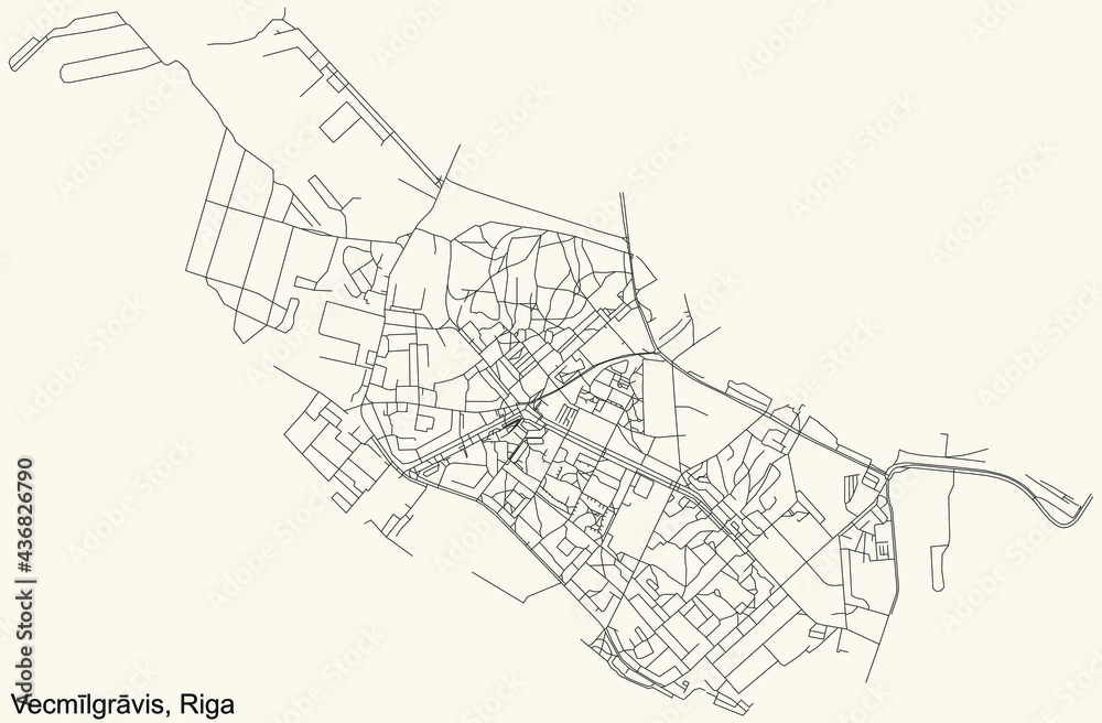 Black simple detailed street roads map on vintage beige background of the quarter Vecmīlgrāvis neighbourhood of Riga, Latvia