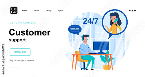 Customer support web concept. Operator takes calls from clients, processes applications online. Template of people scenes. Vector illustration with character activities in flat design for website