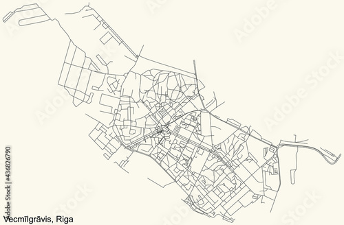 Black simple detailed street roads map on vintage beige background of the quarter Vecmīlgrāvis neighbourhood of Riga, Latvia