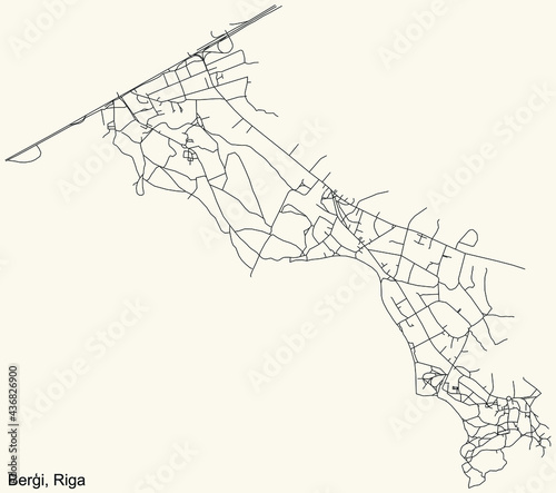 Black simple detailed street roads map on vintage beige background of the quarter Berģi neighbourhood of Riga, Latvia