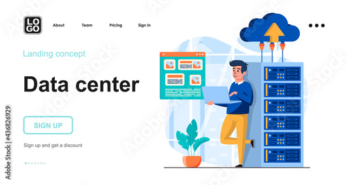 Data center web concept. Datacenter with equipment, man works in server room, uses cloud storage. Template of people scenes. Vector illustration with character activities in flat design for website