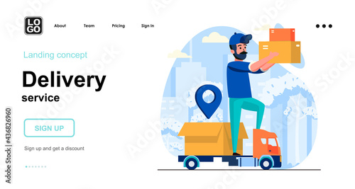 Delivery service web concept. Courier carrying parcels at home, tracking and transportation boxes. Template of people scenes. Vector illustration with character activities in flat design for website