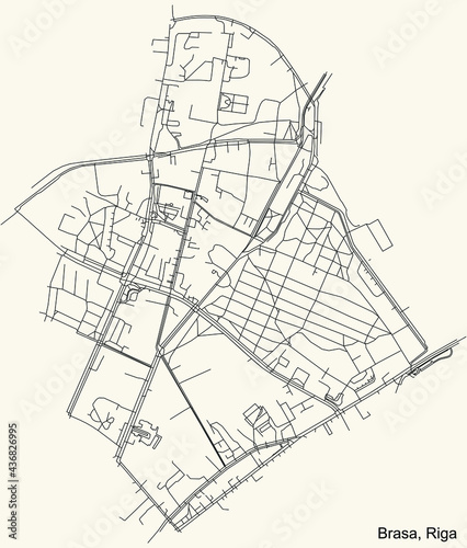 Black simple detailed street roads map on vintage beige background of the quarter Brasa neighbourhood of Riga, Latvia