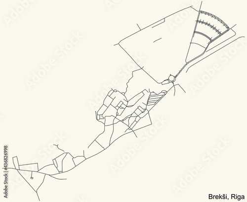 Black simple detailed street roads map on vintage beige background of the quarter Brekši neighbourhood of Riga, Latvia