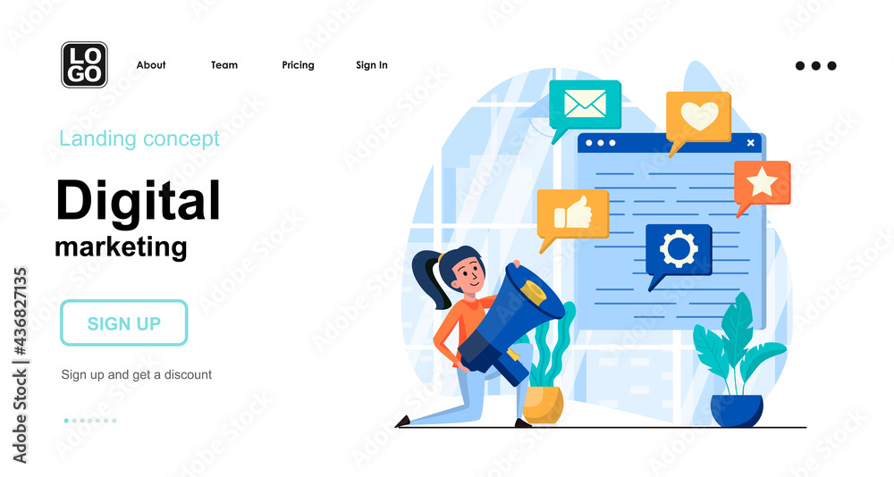 Digital marketing web concept. Marketer attracts clients, advertising campaign in social networks. Template of people scenes. Vector illustration with character activities in flat design for website