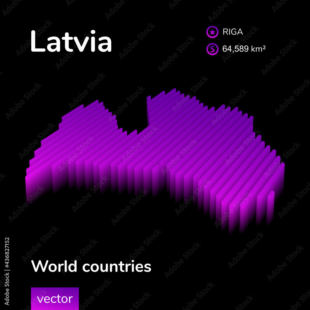 Stylized neon digital isometric striped vector Latvia map with 3d effect. Map of Latvia is in violet  and pink colors on the black background. 