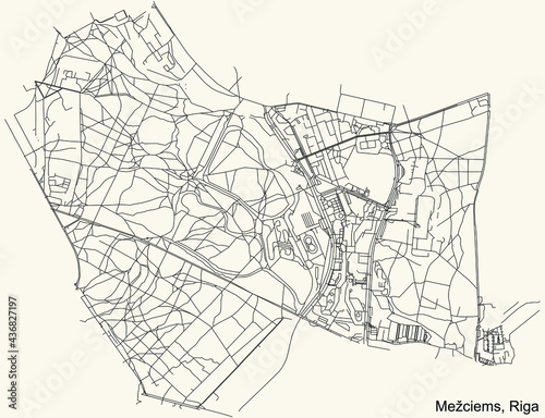 Black simple detailed street roads map on vintage beige background of the quarter Mežciems neighbourhood of Riga, Latvia