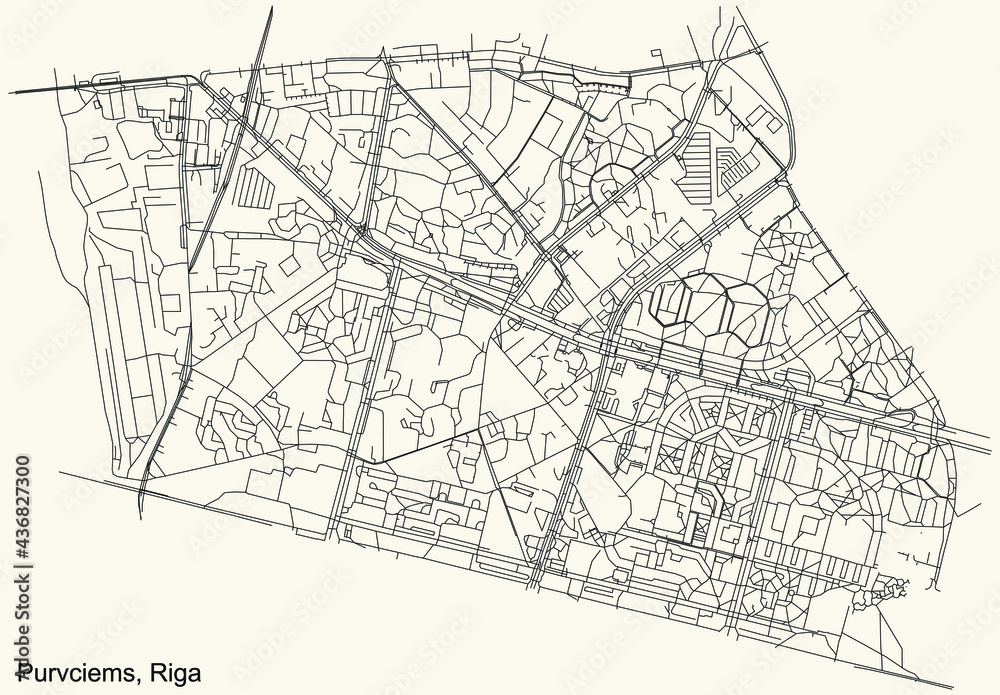 Fototapeta premium Black simple detailed street roads map on vintage beige background of the quarter Purvciems neighbourhood of Riga, Latvia