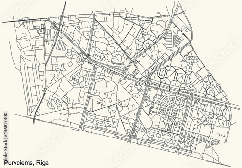 Black simple detailed street roads map on vintage beige background of the quarter Purvciems neighbourhood of Riga, Latvia