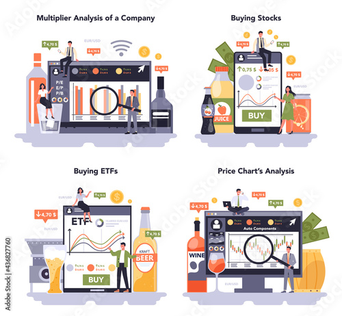 Beverages production industry online service or platform set.