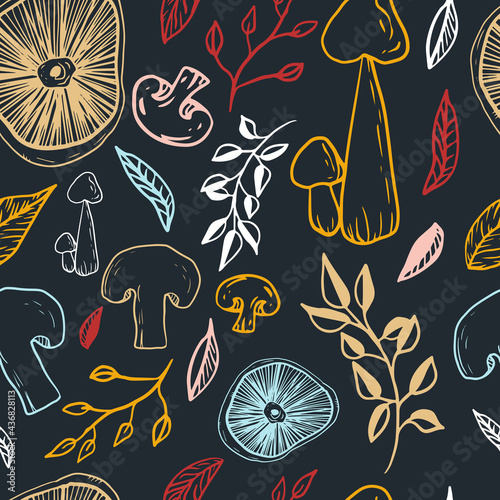 Mushrooms seamless pattern on a blue background. Forest, mushroom print for textiles in doodle style. Vector illustration.