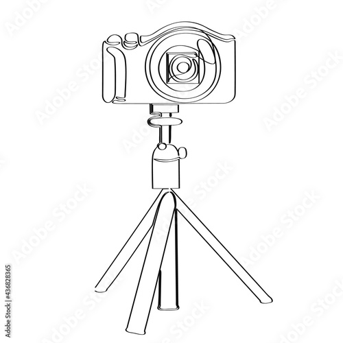 Camera on a tripod. Line art. Vector