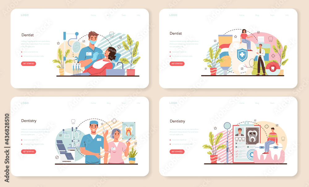 Dentist web banner or landing page set. Dental doctor in uniform Dentist web banner or landing page set. Dental doctor in uniform