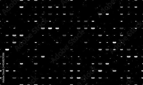 Seamless background pattern of evenly spaced white hotdog symbols of different sizes and opacity. Vector illustration on black background with stars