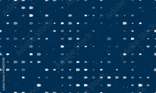 Seamless background pattern of evenly spaced white video camera symbols of different sizes and opacity. Vector illustration on dark blue background with stars