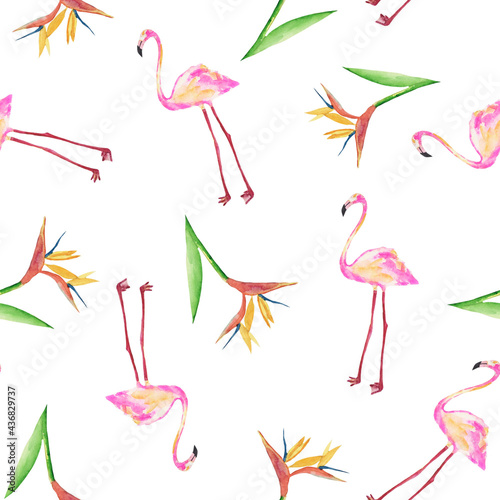 Seamless flamingo pattern in tropical leaves. Watercolour illustration.