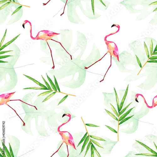 Seamless flamingo pattern in tropical leaves. Watercolour illustration.