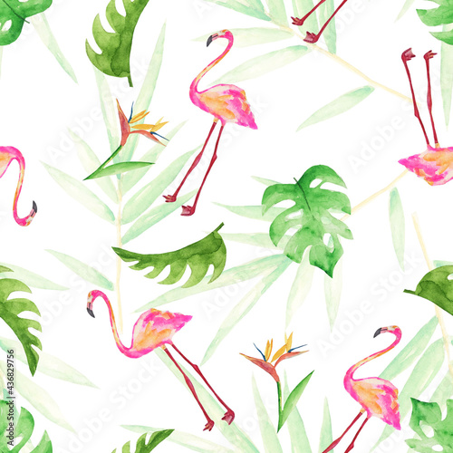 Seamless flamingo pattern in tropical leaves. Watercolour illustration.