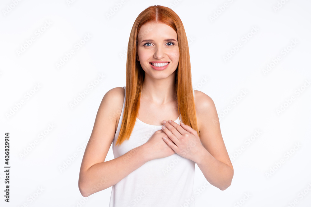 Photo of positive nice red hairdo lady wear white top hands heart isolated on bright color background Photo of positive nice red hairdo lady wear white top hands heart isolated on bright color background