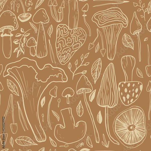 Mushrooms seamless pattern on a beige background. Forest, mushroom print for textiles in doodle style. Vector illustration.
