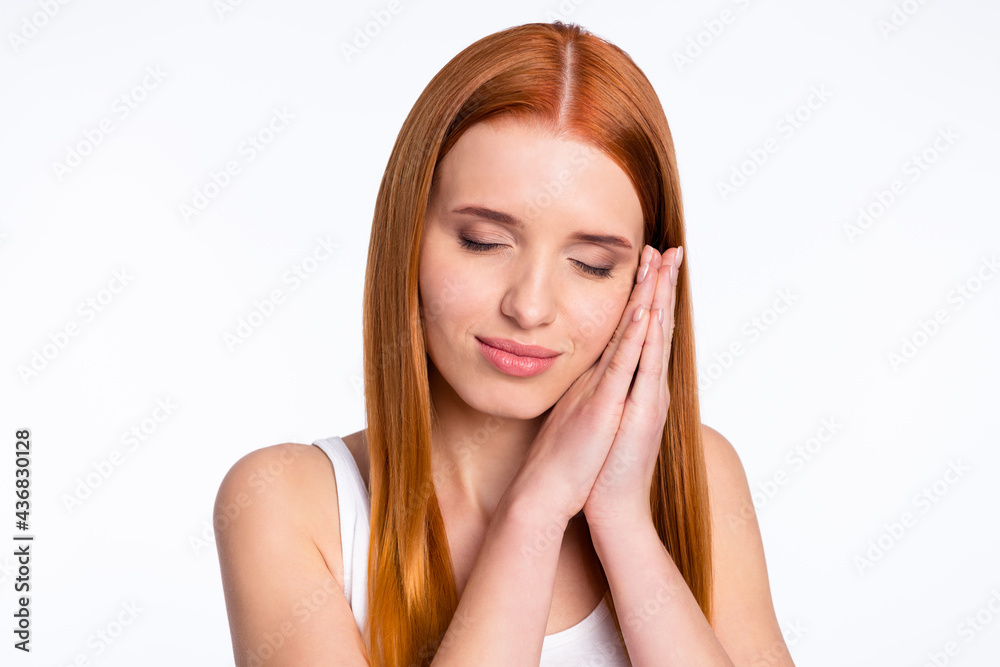 Photo of positive relax ginger hairdo lady sleep wear white top isolated on bright color background Photo of positive relax ginger hairdo lady sleep wear white top isolated on bright color background