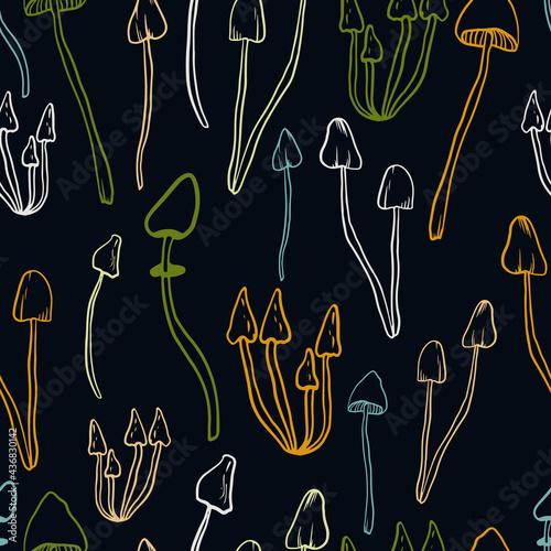 Mushrooms seamless pattern on a blue background. Forest, mushroom print for textiles in doodle style. Vector illustration.